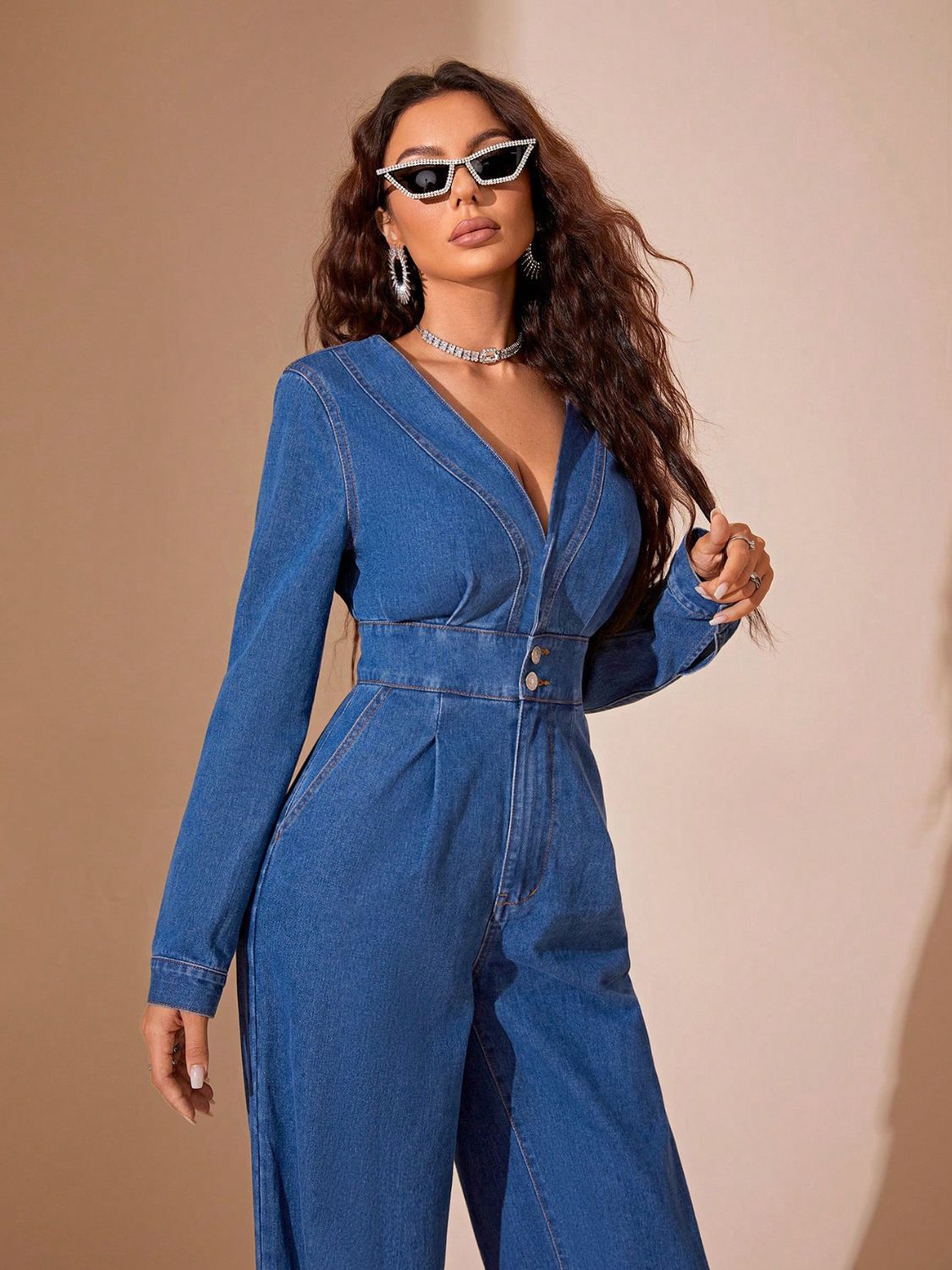 Plunge Neck Wide-Leg Denim Jumpsuit