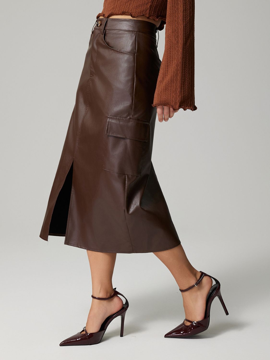 Buttoned Slit Midi Skirt with Pockets