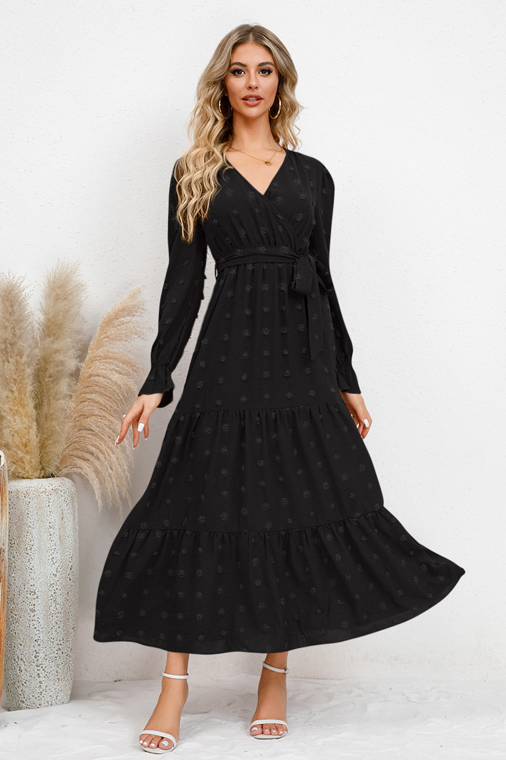 Swiss Dot Surplice Flounce Sleeve Dress