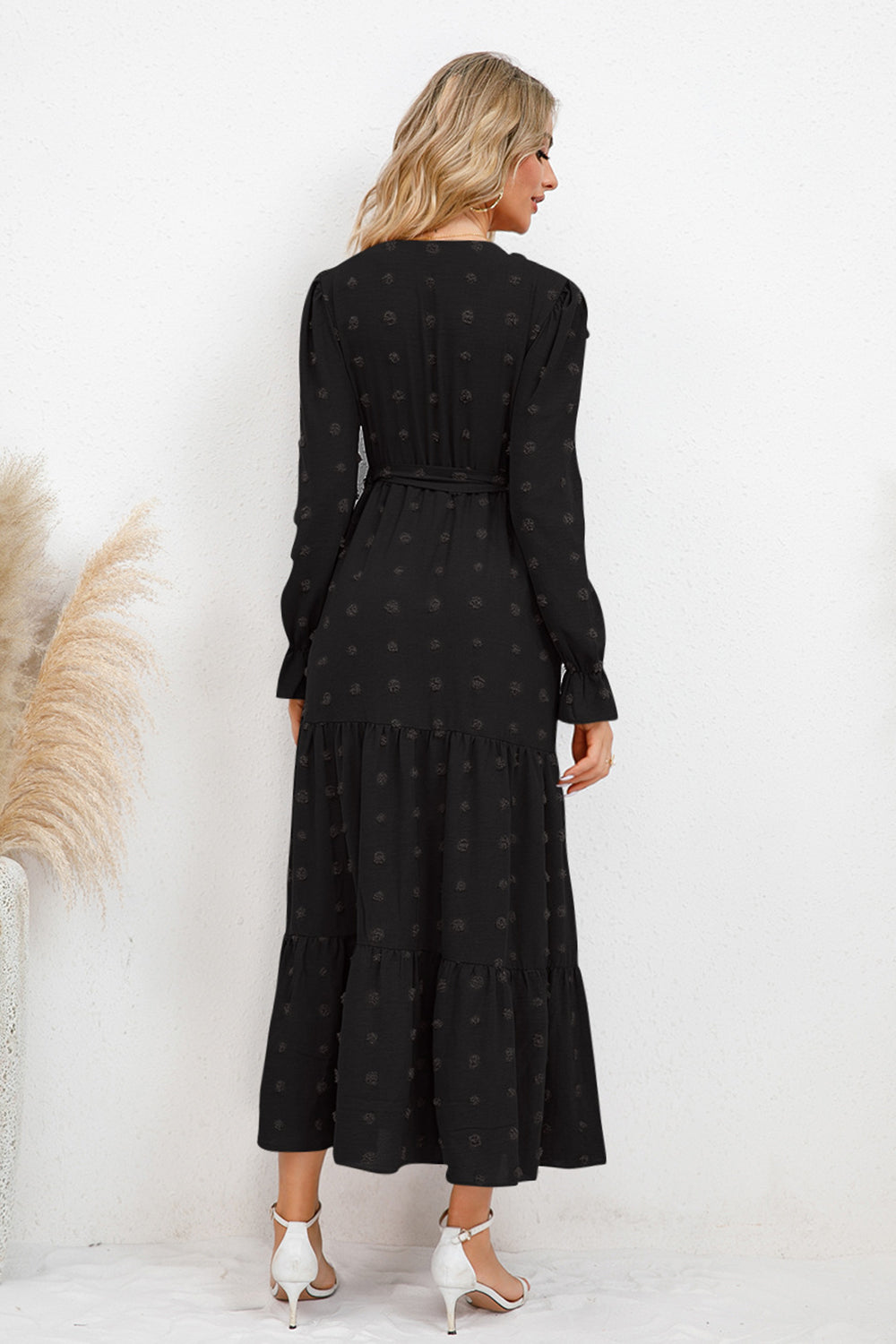 Swiss Dot Surplice Flounce Sleeve Dress