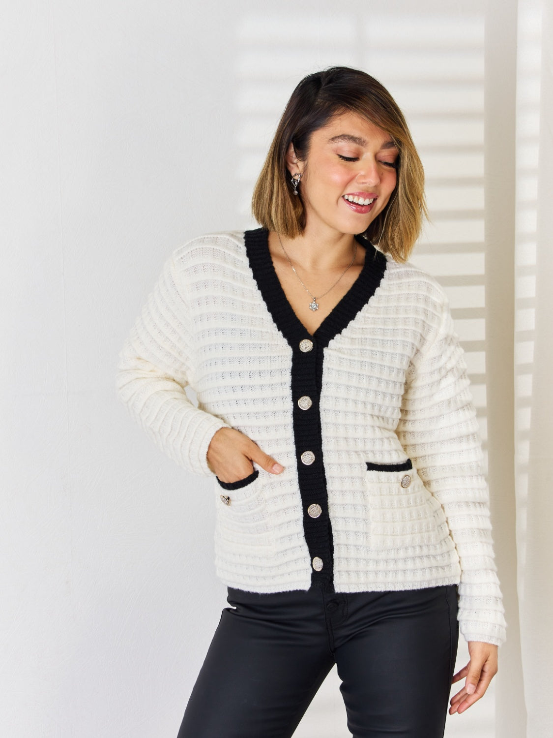 Contrast Trim Button-Up Cardigan
