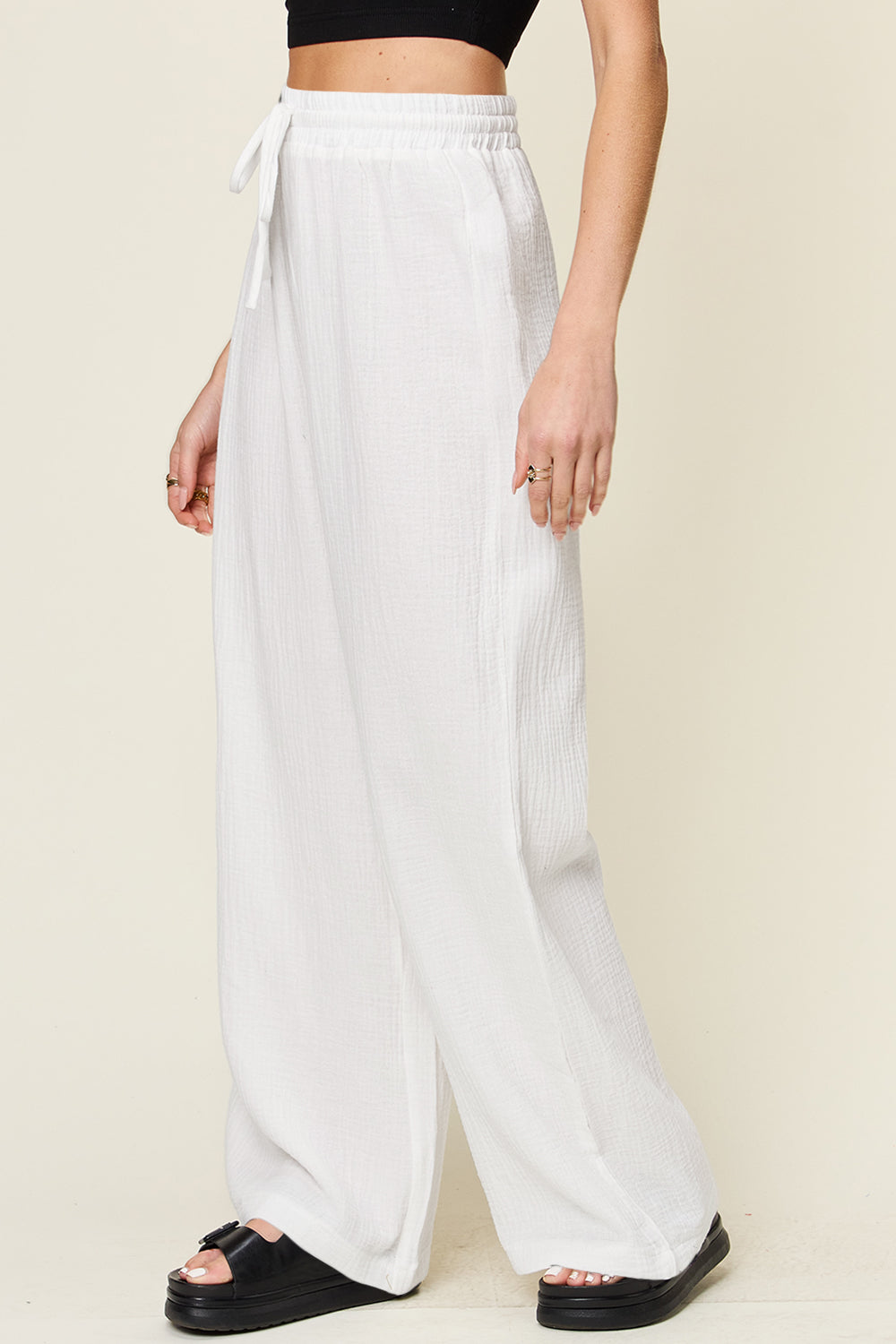Textured Drawstring Wide-Leg Pants