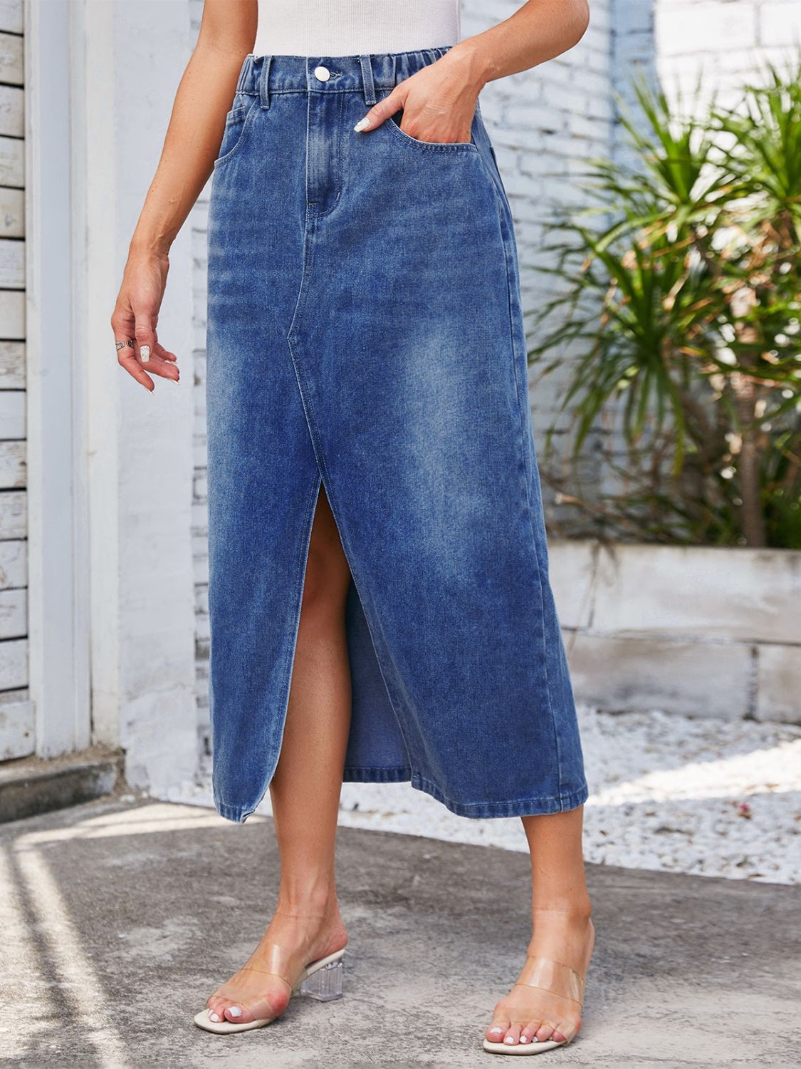 High-Waist Slit Denim Midi Skirt