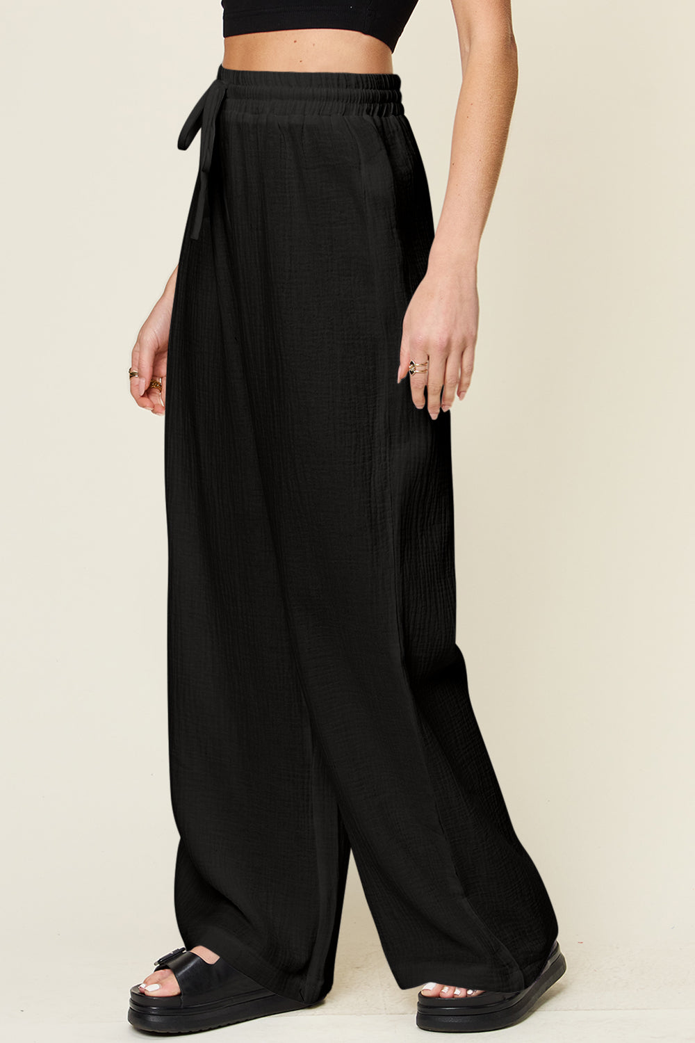 Textured Drawstring Wide-Leg Pants
