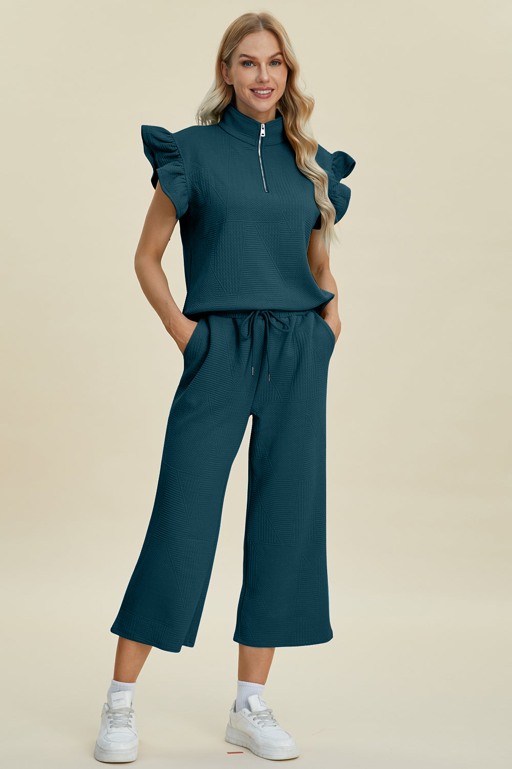 Textured Ruffle Sleeve Top & Wide-Leg Pants Set