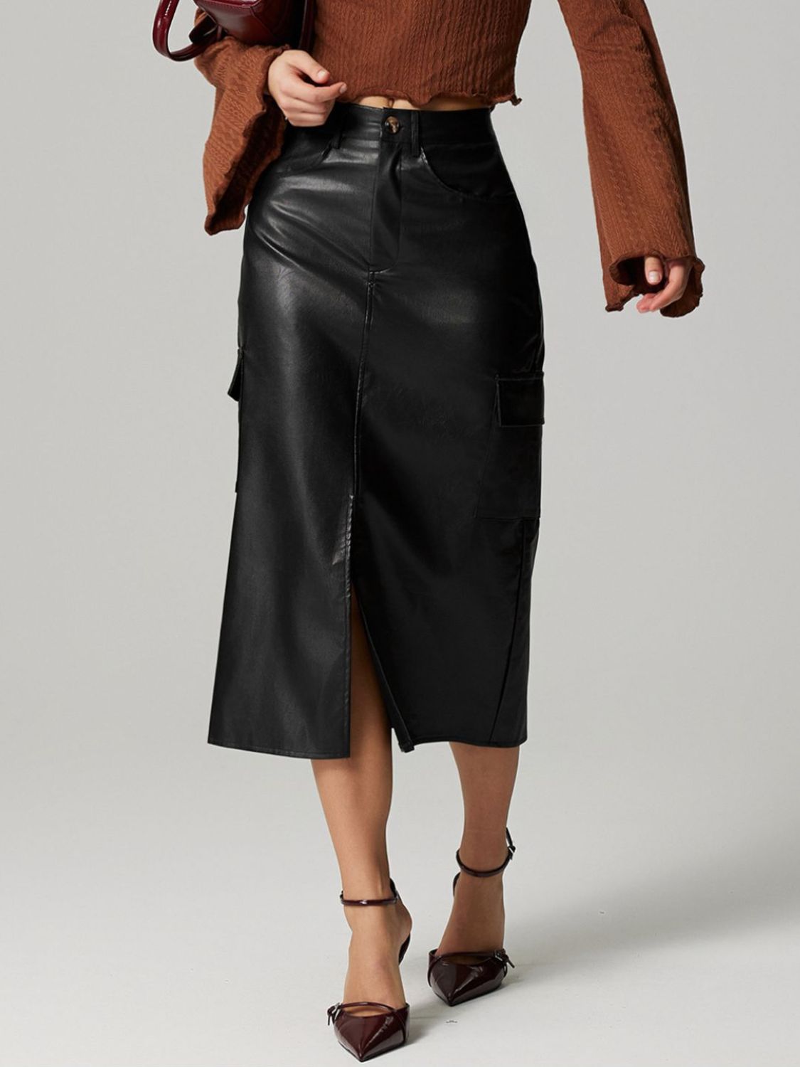 Buttoned Slit Midi Skirt with Pockets