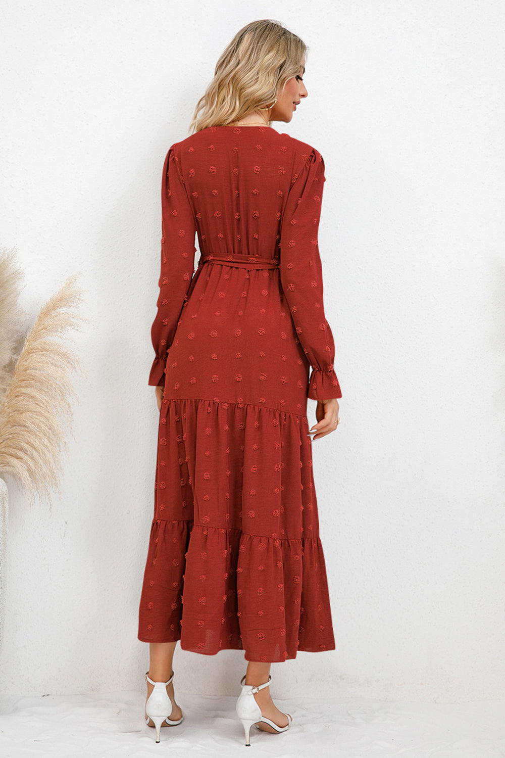 Swiss Dot Surplice Flounce Sleeve Dress