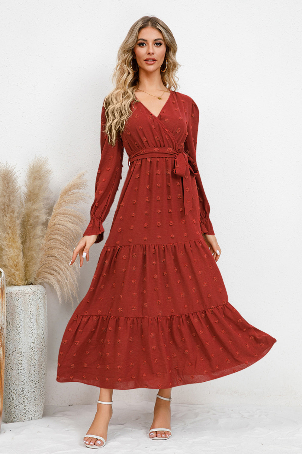 Swiss Dot Surplice Flounce Sleeve Dress