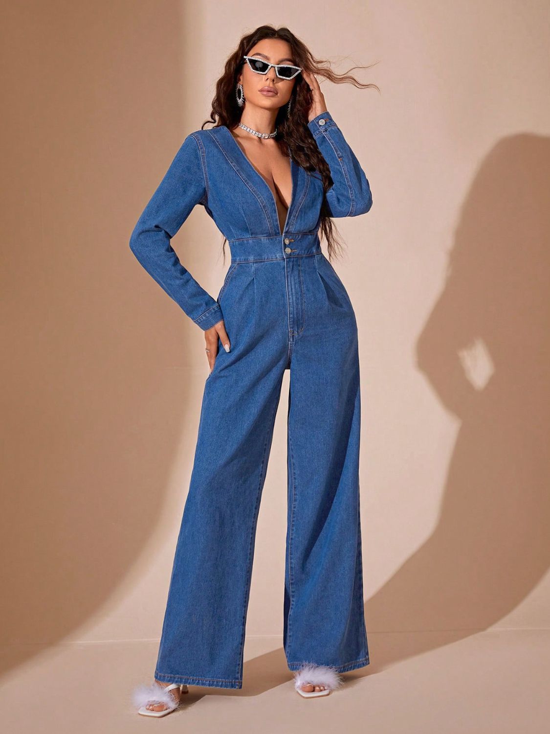 Plunge Neck Wide-Leg Denim Jumpsuit