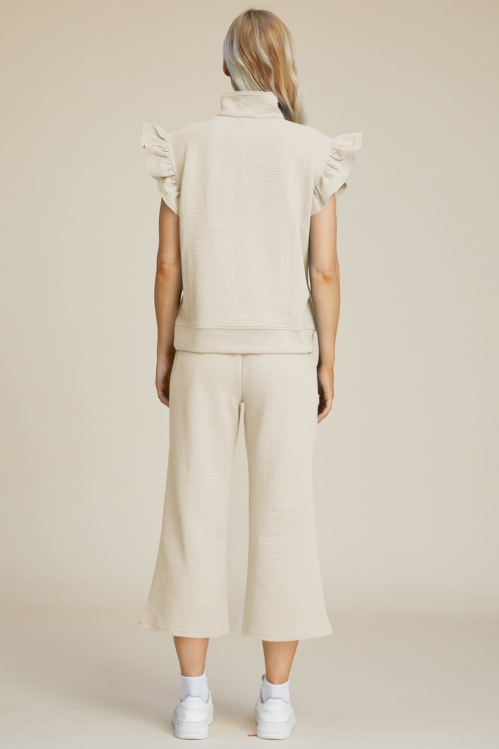 Textured Ruffle Sleeve Top & Wide-Leg Pants Set