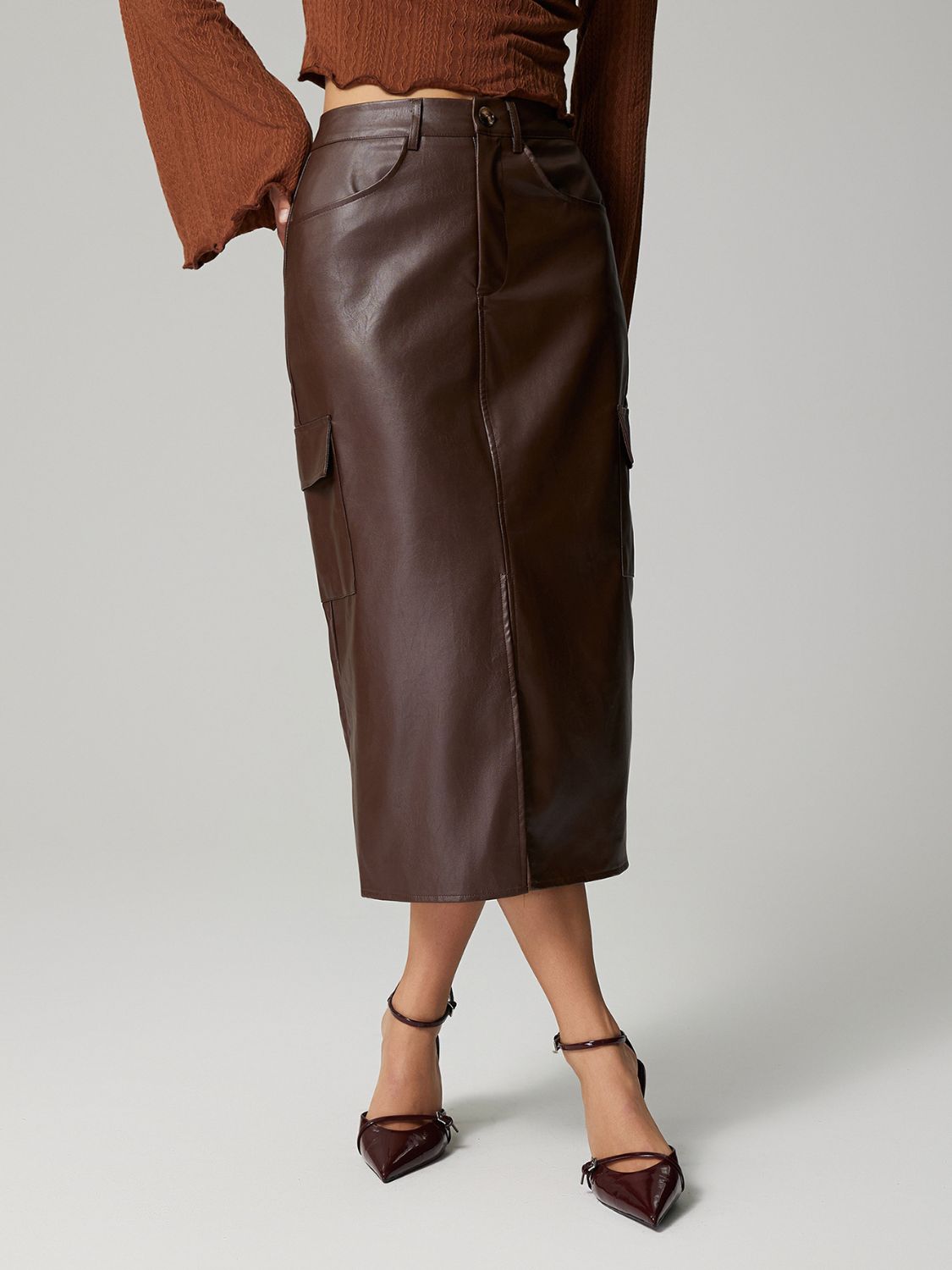 Buttoned Slit Midi Skirt with Pockets