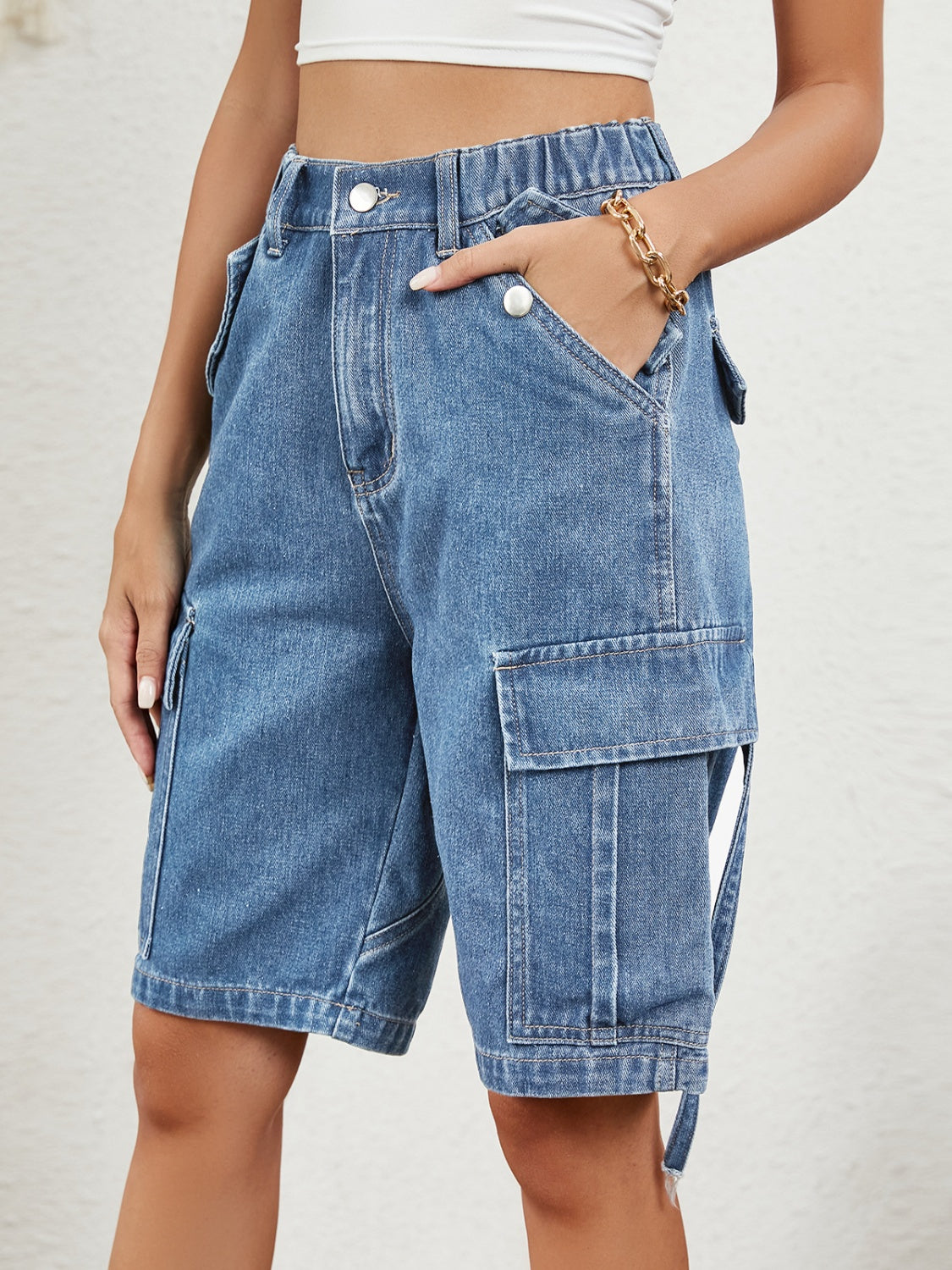 High-Waist Denim Shorts with Pockets