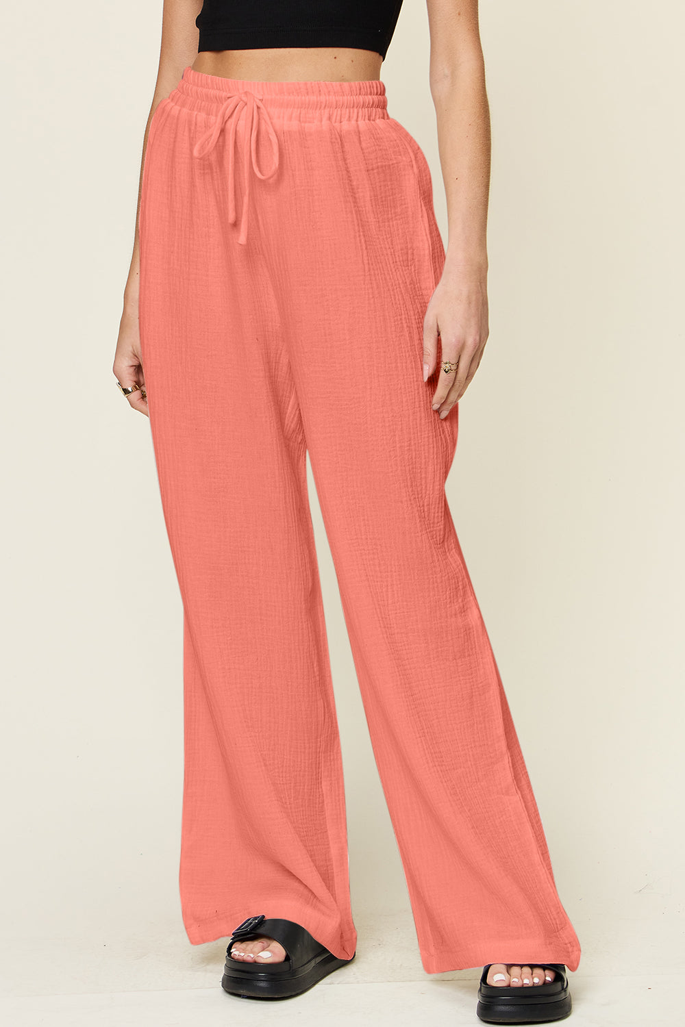 Textured Drawstring Wide-Leg Pants