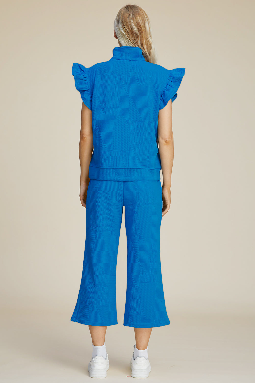 Textured Ruffle Sleeve Top & Wide-Leg Pants Set