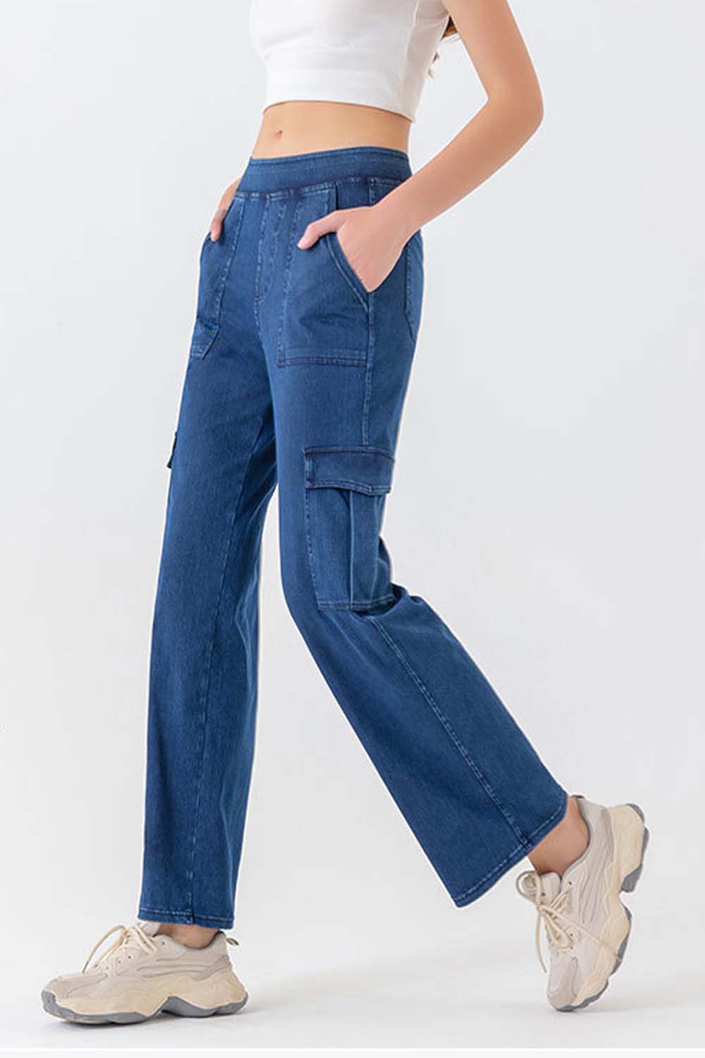 Buttoned Pocket Long Jeans