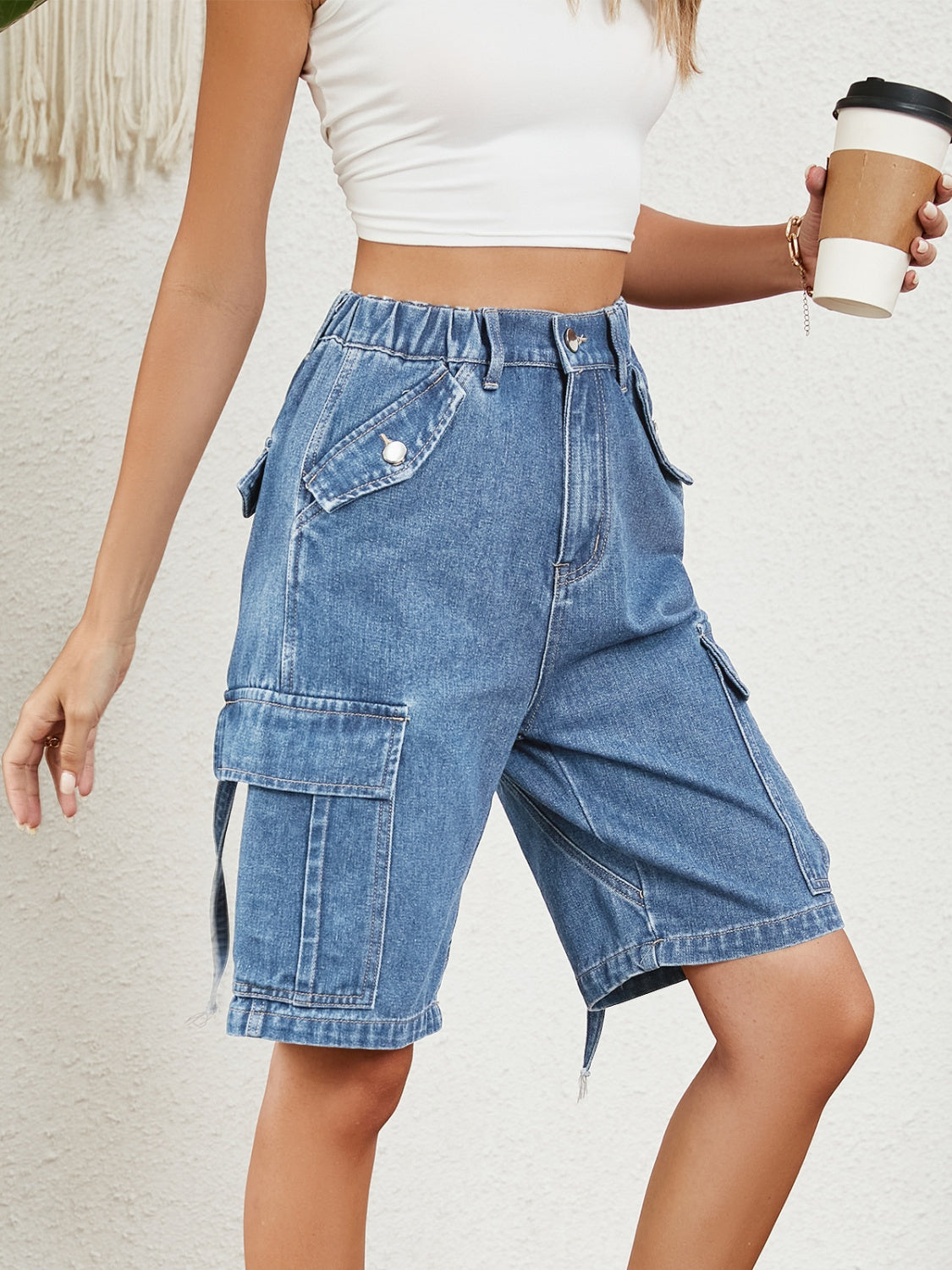 High-Waist Denim Shorts with Pockets