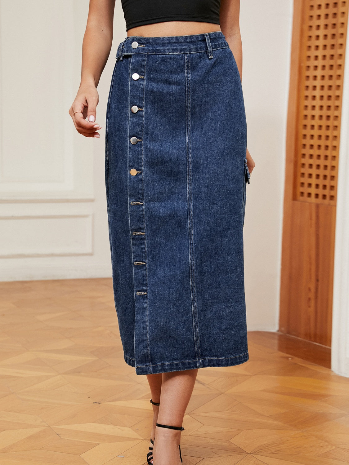Button-Down Midi Denim Skirt
