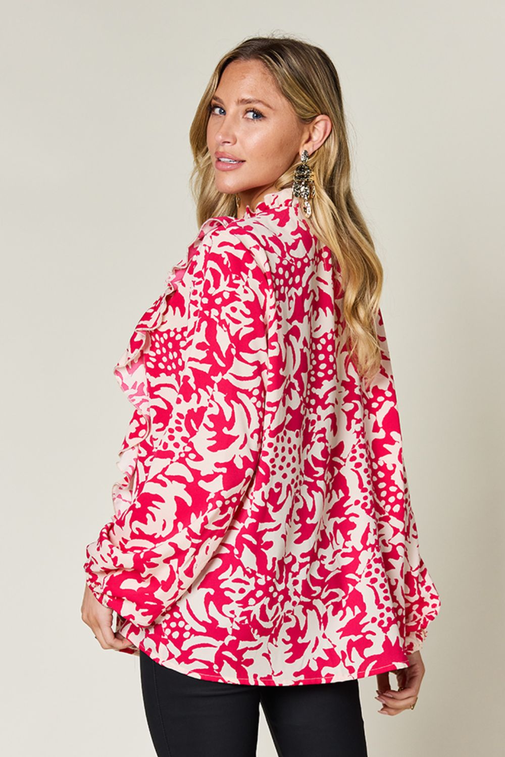Printed Ruffle Balloon Sleeve Shirt