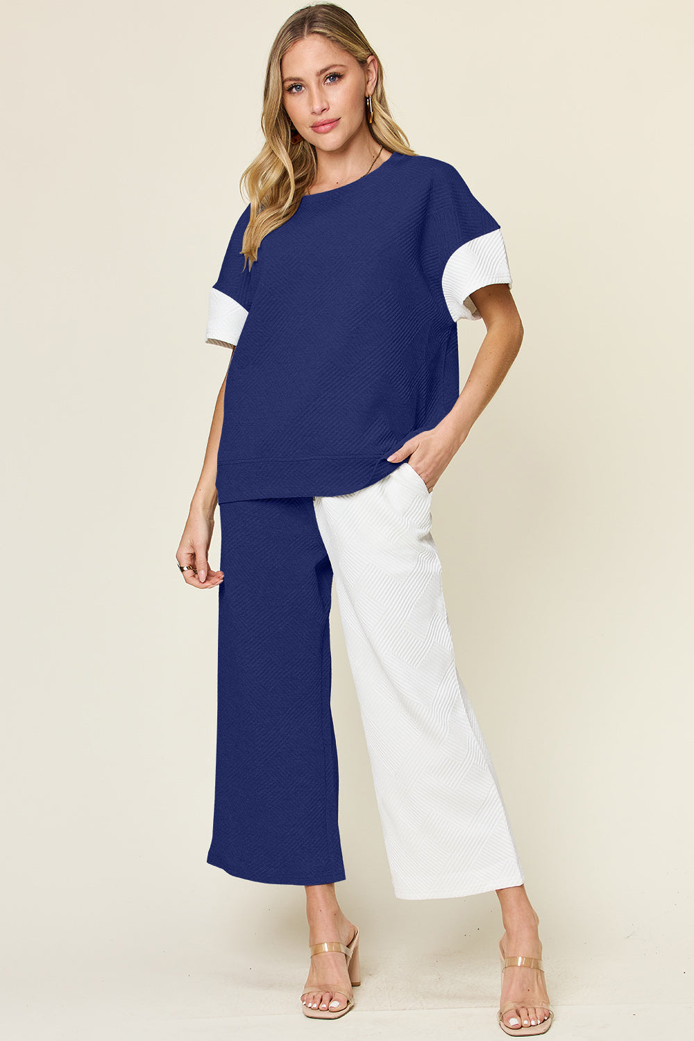 Textured Contrast T-Shirt & Wide-Leg Pants Set