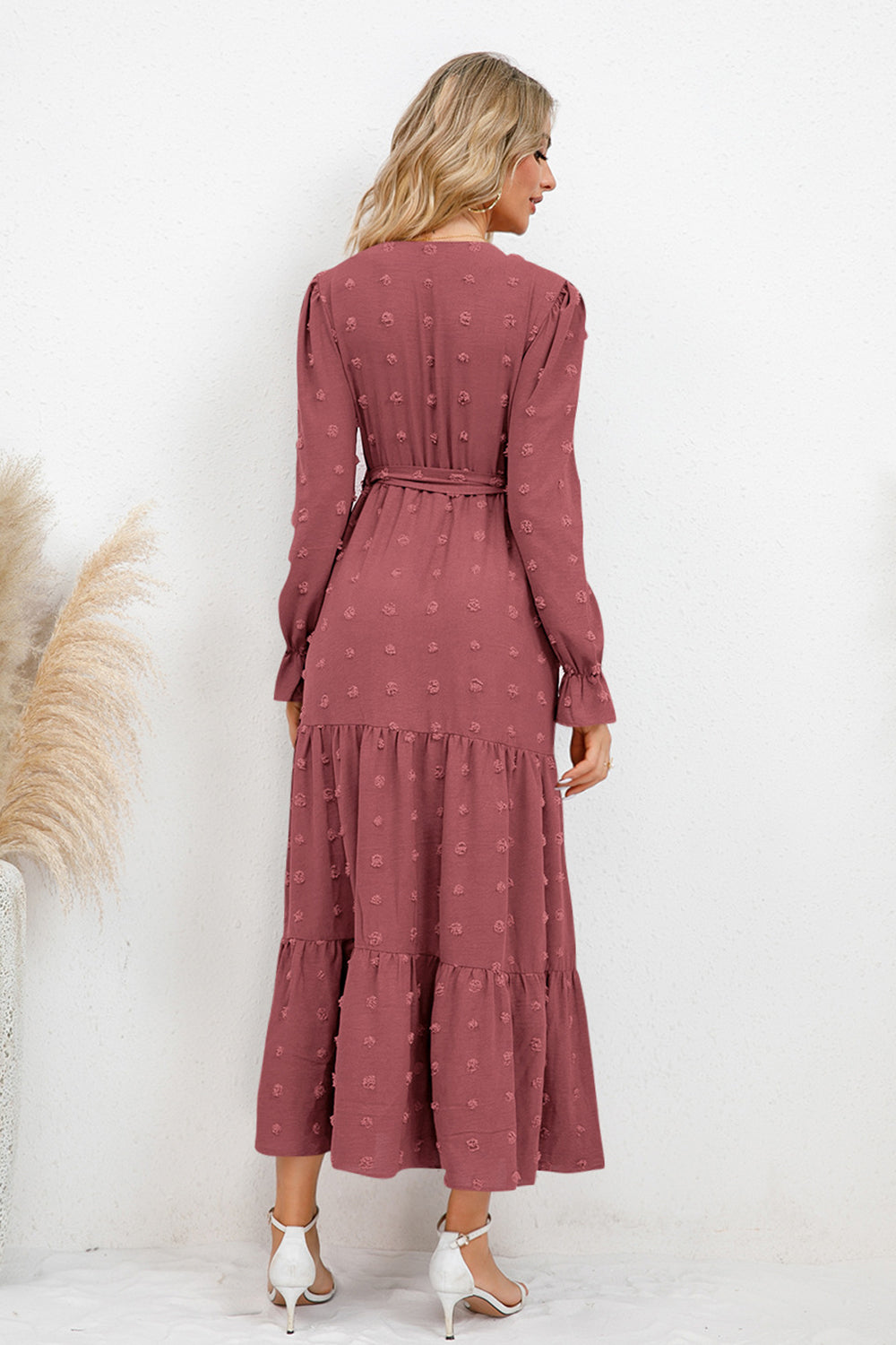 Swiss Dot Surplice Flounce Sleeve Dress