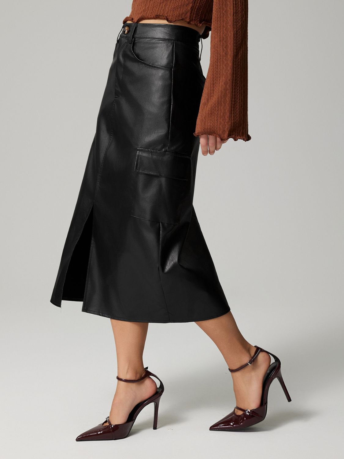 Buttoned Slit Midi Skirt with Pockets