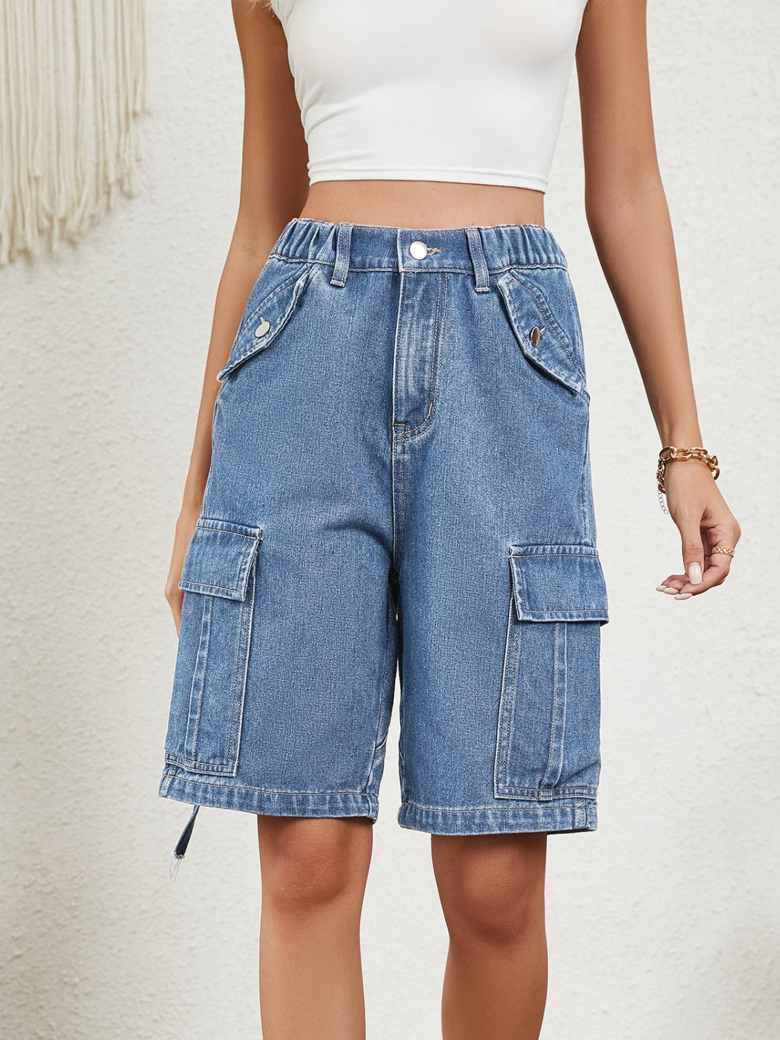 High-Waist Denim Shorts with Pockets