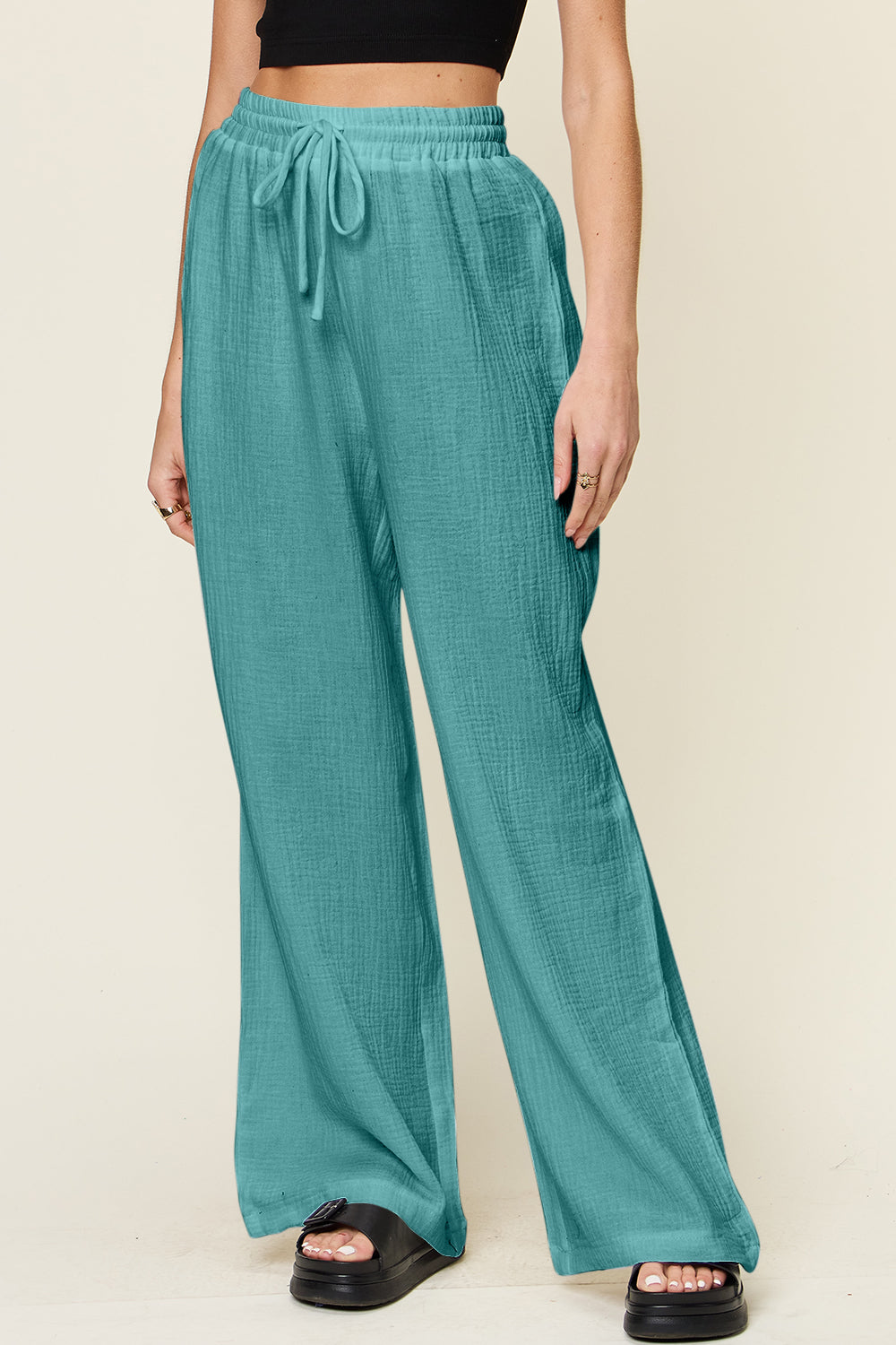 Textured Drawstring Wide-Leg Pants