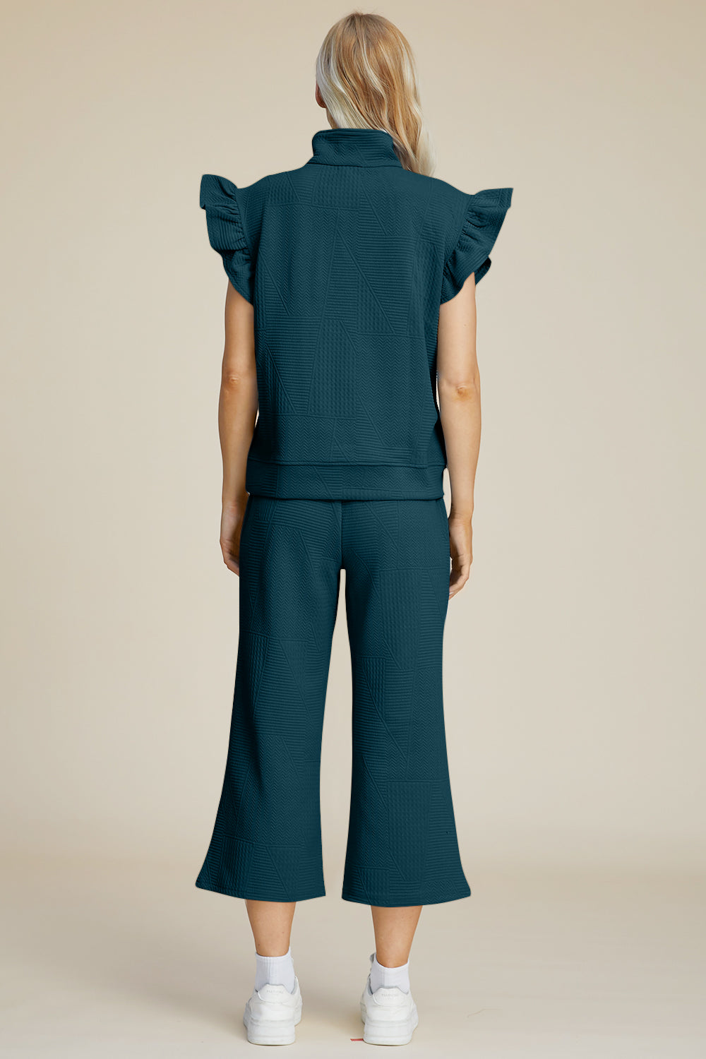 Textured Ruffle Sleeve Top & Wide-Leg Pants Set