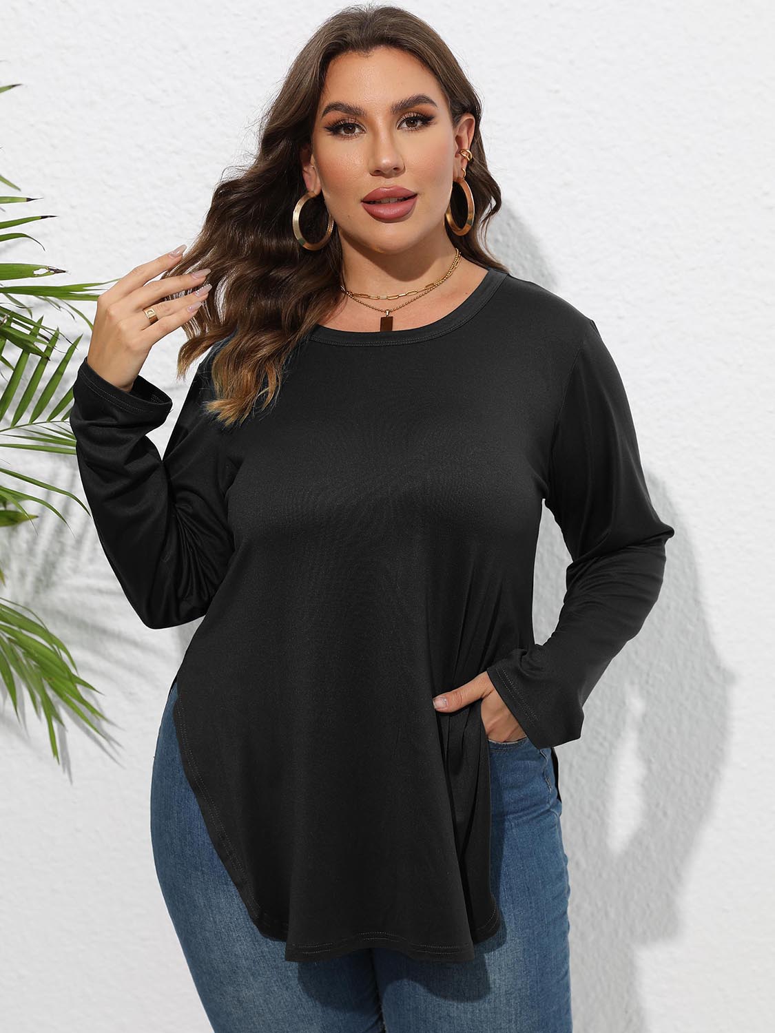 Round Neck Long Sleeve Slit T-Shirt