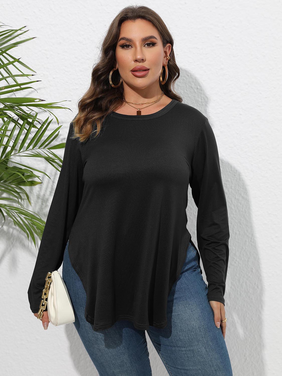Round Neck Long Sleeve Slit T-Shirt