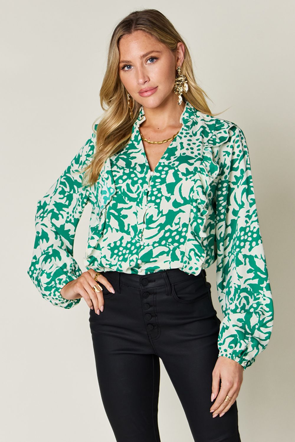 Printed Ruffle Balloon Sleeve Shirt
