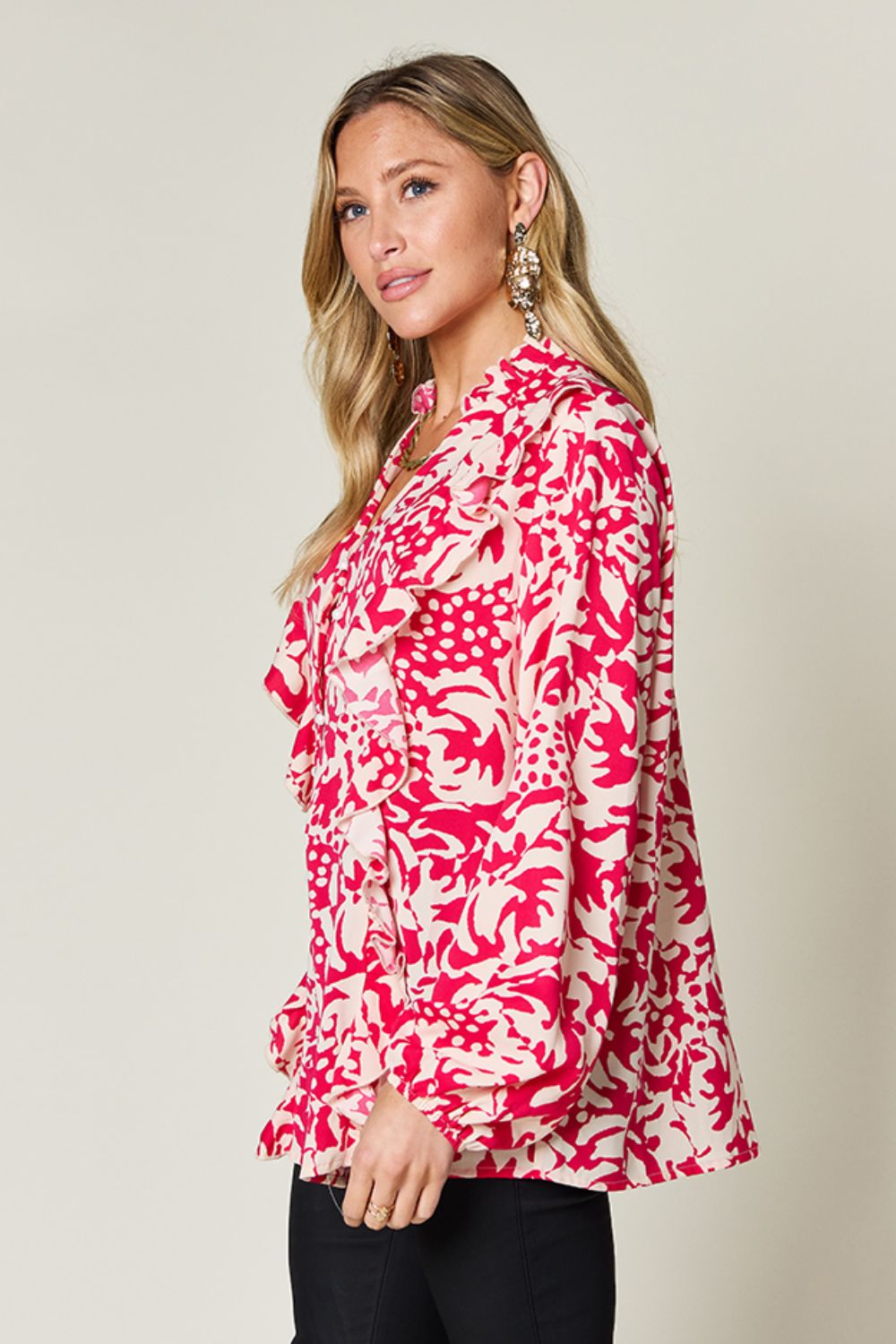 Printed Ruffle Balloon Sleeve Shirt