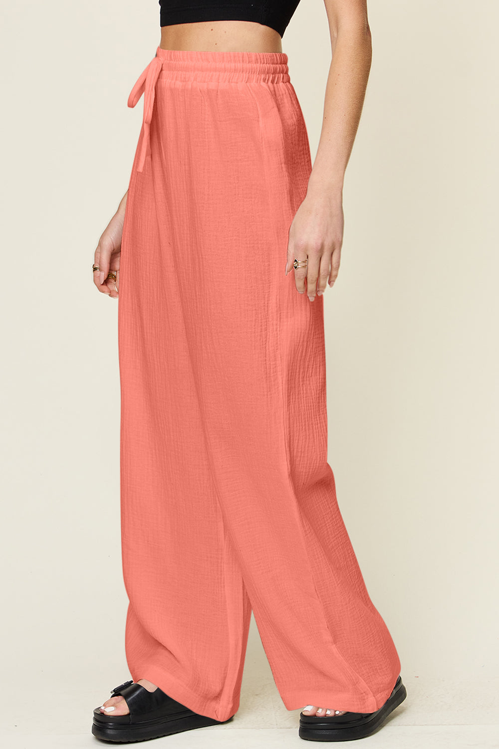 Textured Drawstring Wide-Leg Pants