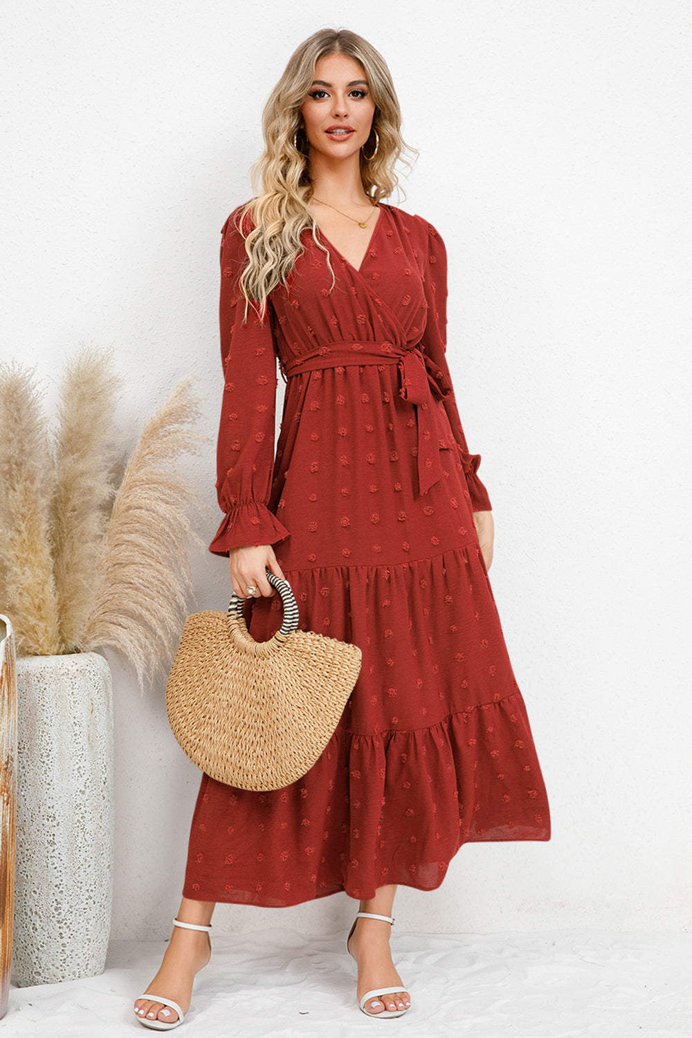 Swiss Dot Surplice Flounce Sleeve Dress