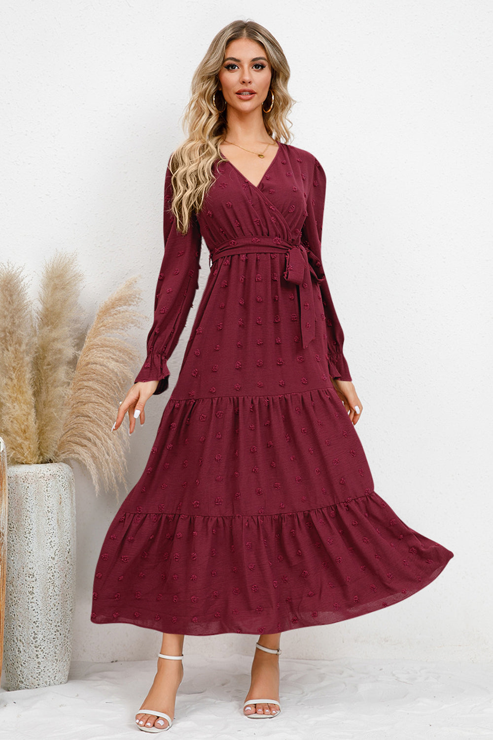 Swiss Dot Surplice Flounce Sleeve Dress