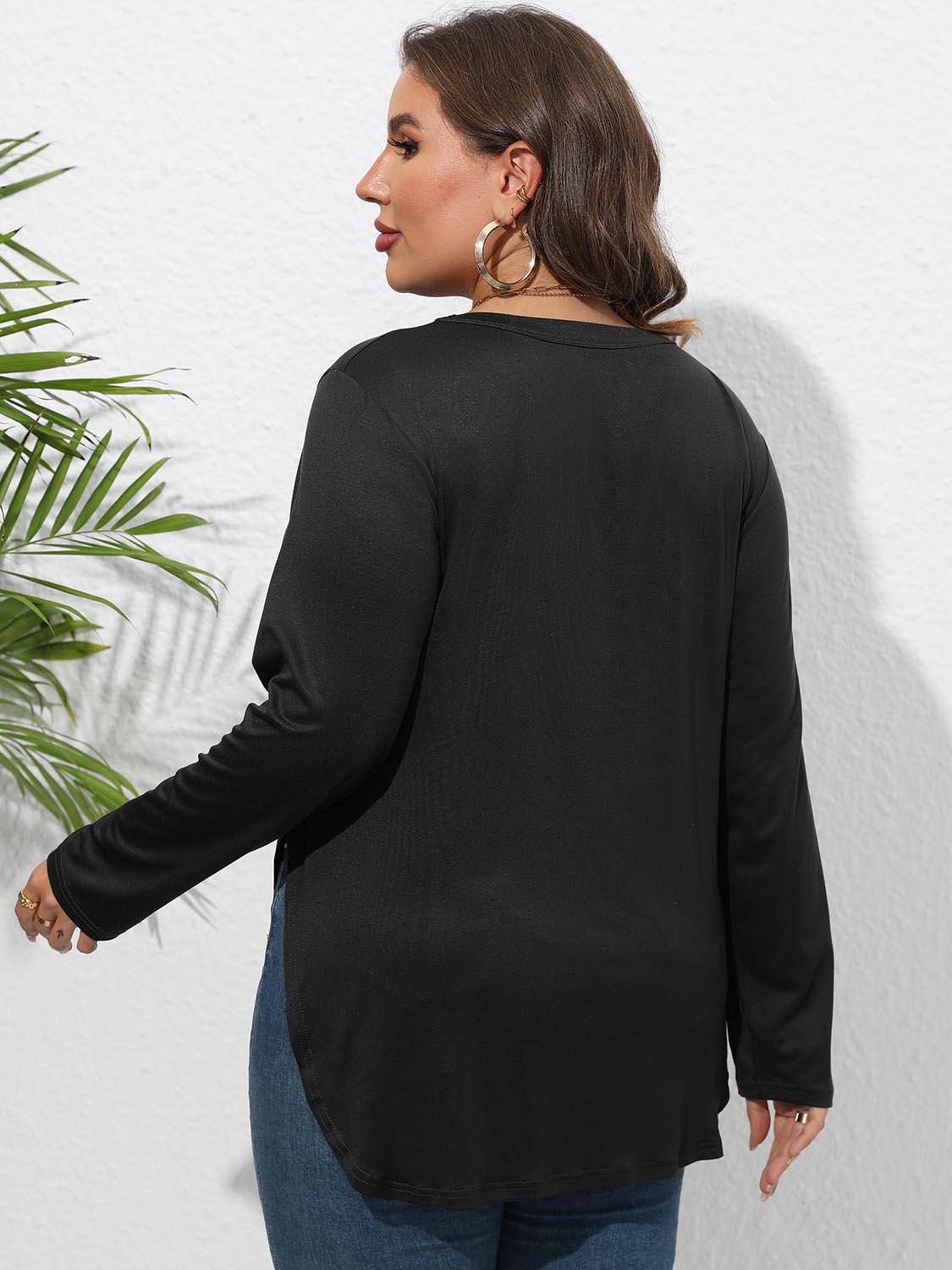 Round Neck Long Sleeve Slit T-Shirt